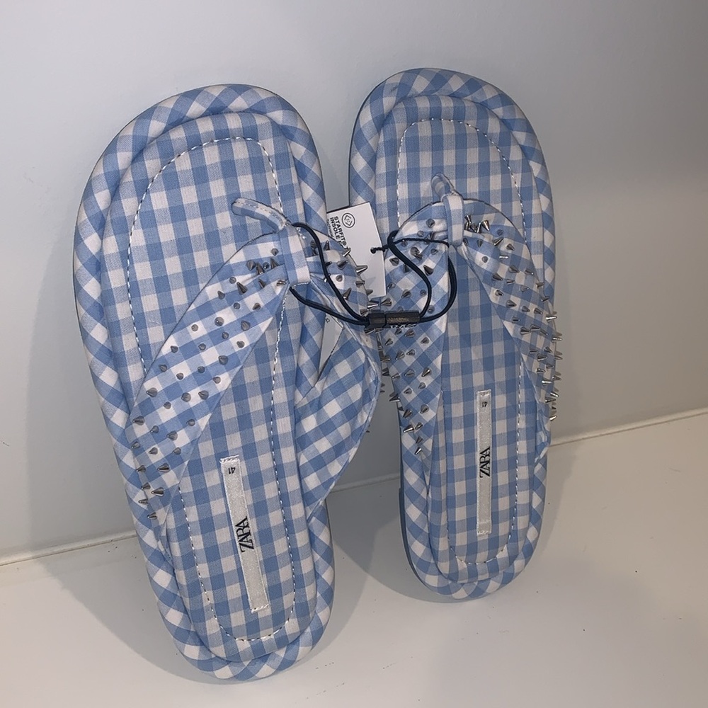 Zara Gingham Studded Flip Flops Sandals - Picture 8 of 12